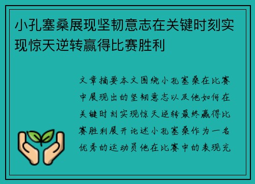 小孔塞桑展现坚韧意志在关键时刻实现惊天逆转赢得比赛胜利